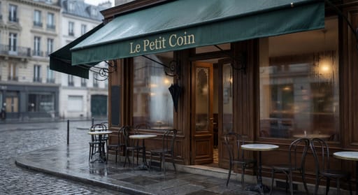 Rain-Slicked Parisian Cafe Street