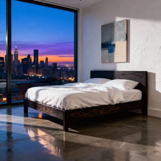 Minimalist Bed City View Dusk