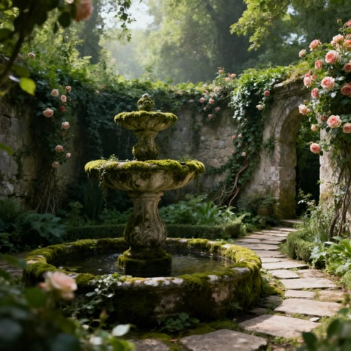 Overgrown Garden with Mossy Fountain