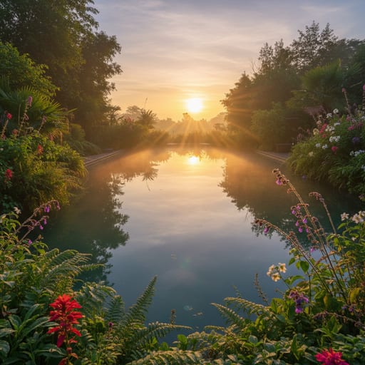 Tranquil Poolside Morning Sunrise