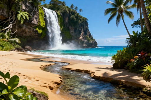 Tropical Beach Waterfall Cascade