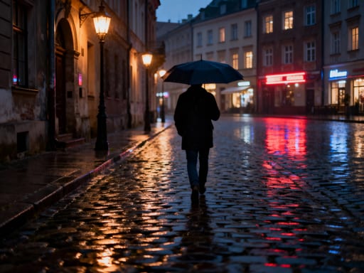 Rainy Polish Cobblestone Street