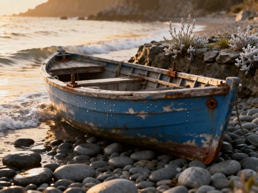 Quiet Pebble Beach Fishing Boat