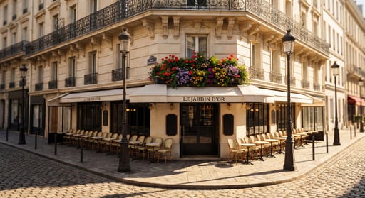 Sunlit Parisian Cafe Corner Terrace