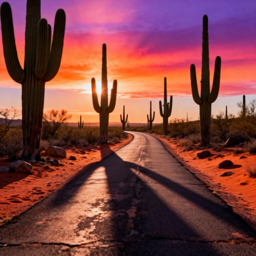 Route 66 Sunset Saguaro Cacti