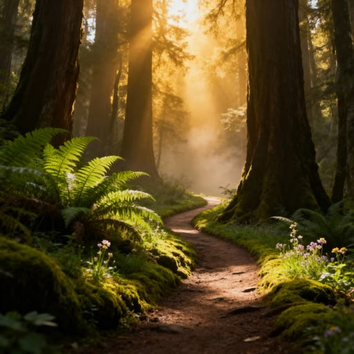 Sunlit Ancient Forest Path
